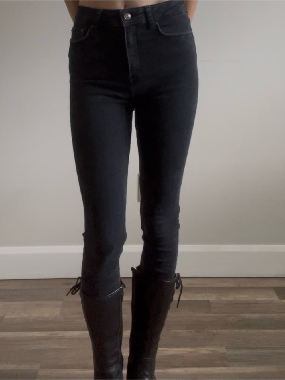 Zara washed black distressed high rise skinny jeans
